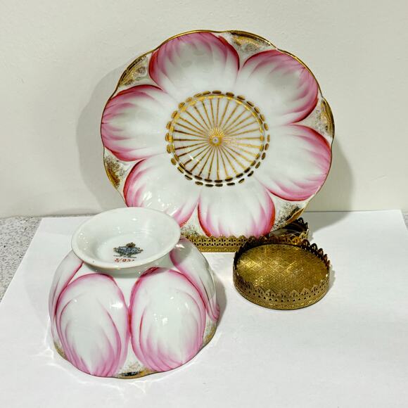EW Princess Japan bowl & saucer set white pink gold lotus flower porcelain - Picture 3 of 9